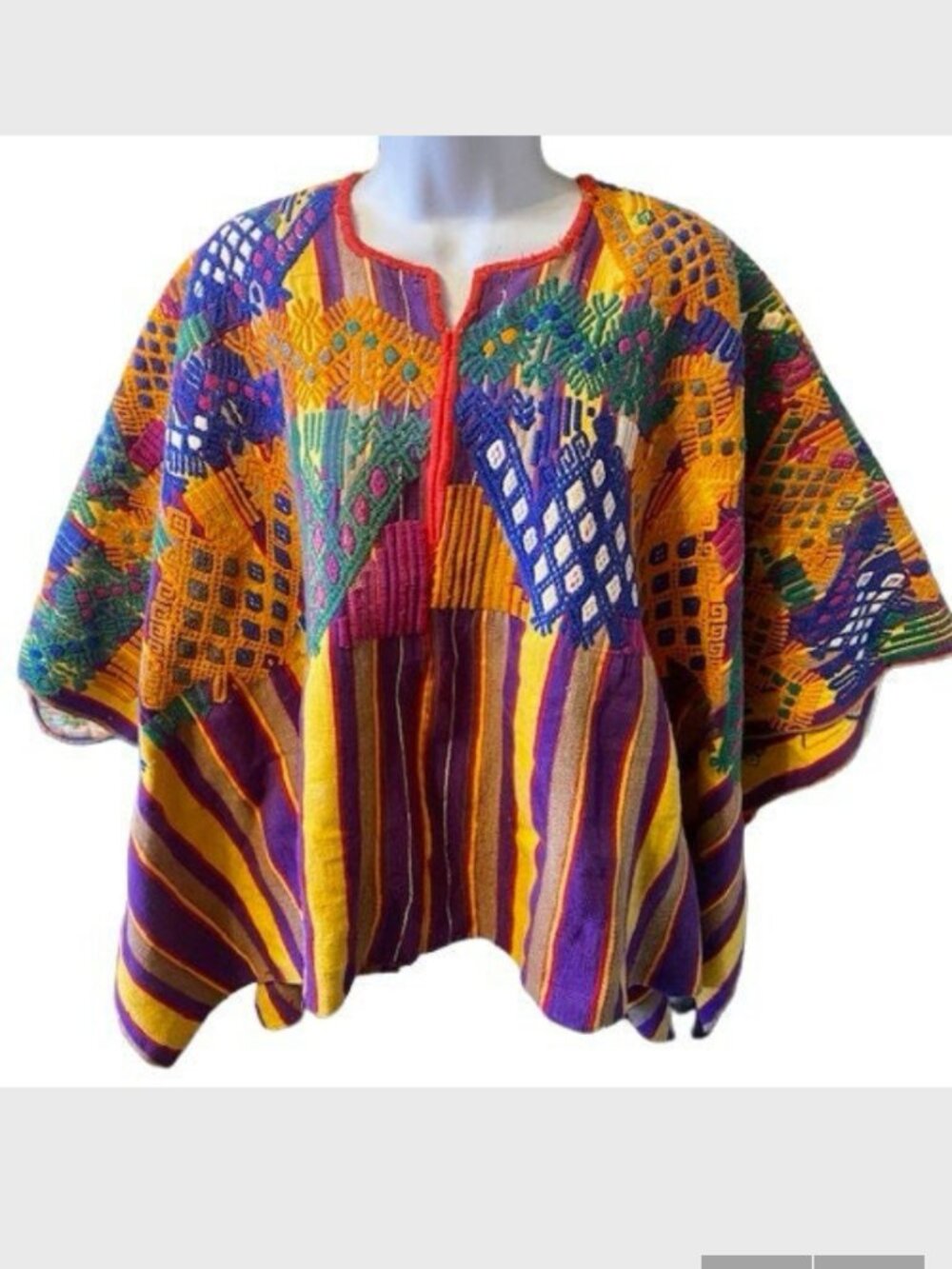 Huipil Poncho Handmade Hand Embroidered Top South American Vintage 1960s Boho